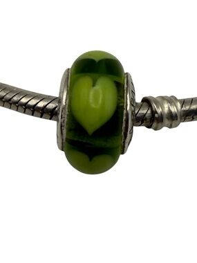 Pandora Green Lime Hearts Murano Glass Charm 790656 Sterling Silver Retired ALE
